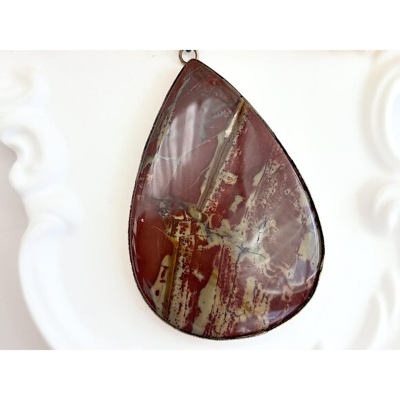 Kaleidescope Burgundy Jasper Teardrop Shaped Sterling Silver Vintage Pendant - Picture 2 of 11